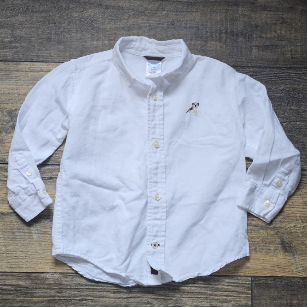 VINTAGE Boys GYMBOREE Size 2T White Button Up Shirt w/ Puppy Dog Linen Blend